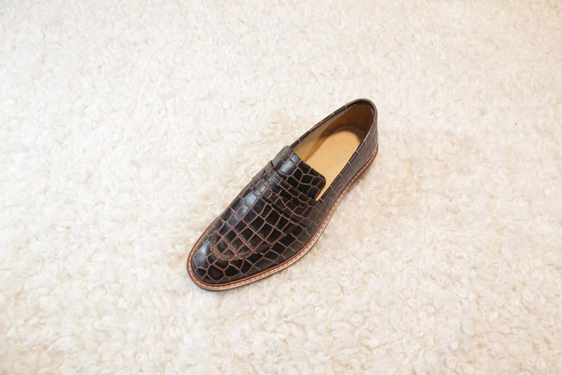 Hand Made Brown Croc Leather Loafers Men's Shoes