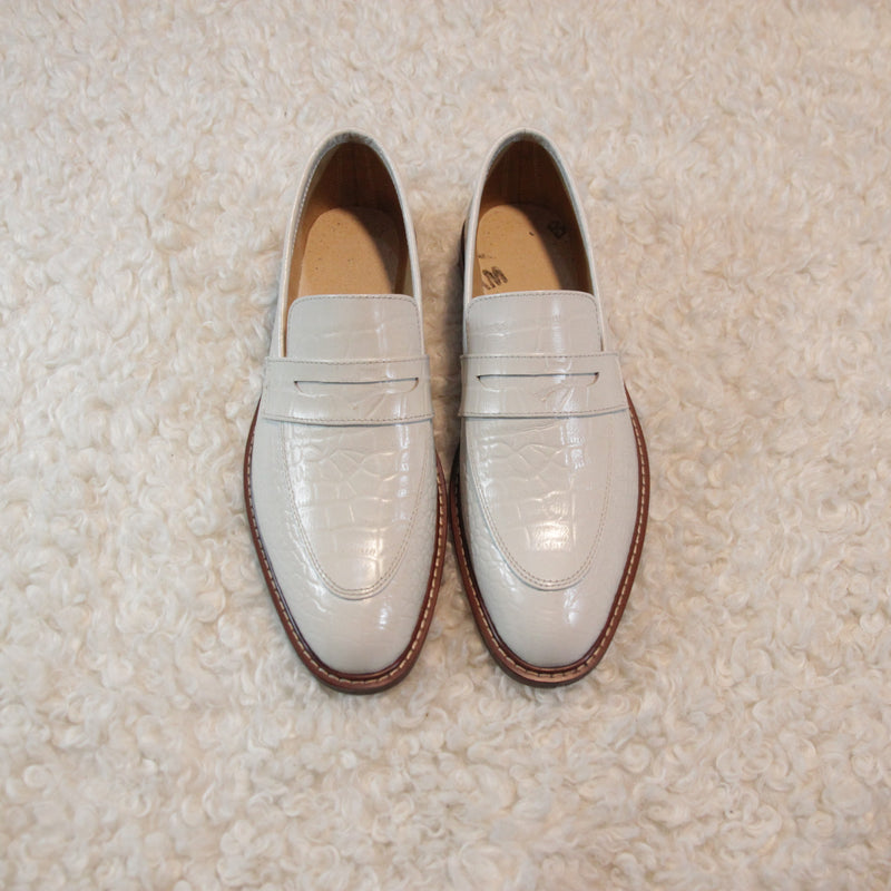 Handmade White Croc Leather Loafers Men's Shoes