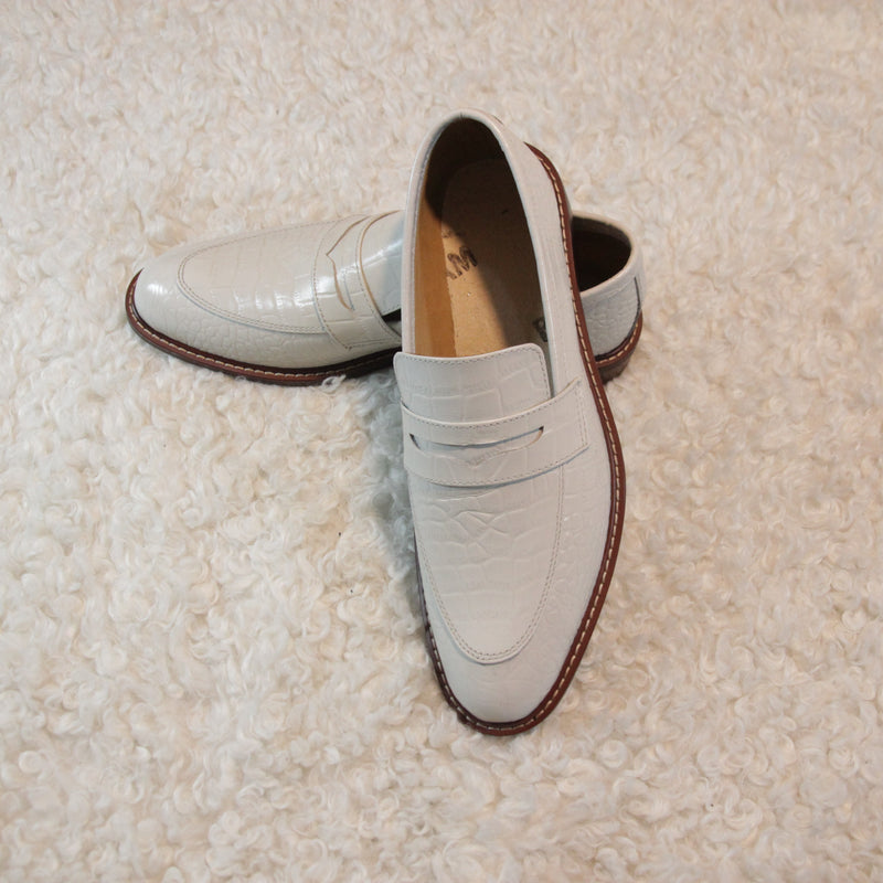 Handmade White Croc Leather Loafers Men's Shoes