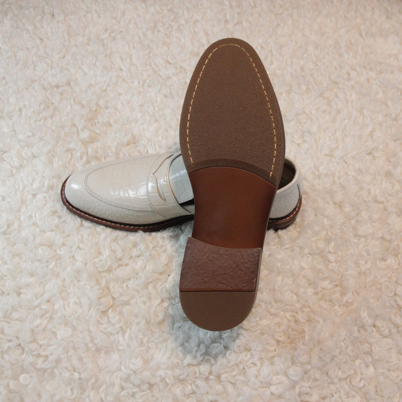 Handmade White Croc Leather Loafers Men's Shoes