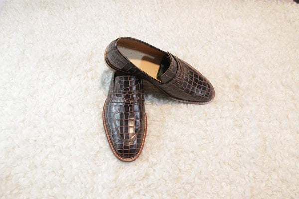 Hand Made Brown Croc Leather Loafers Men's Shoes